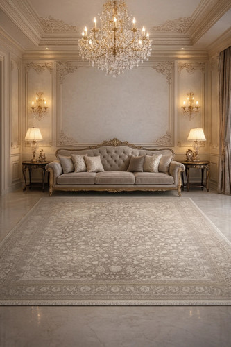 فرش افشان رونیک کاشان رنگ سیلور و گلد، 1200 شانه با نخ آلمانی هیت ست و بافت بلژیکی