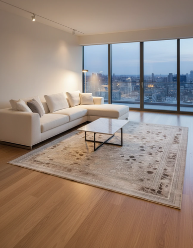 فرش افشان شهرزاد کاشان رنگ نقرهای و بژ، 1200 شانه با نخ آلمانی هیت ست و بافت بلژیکی