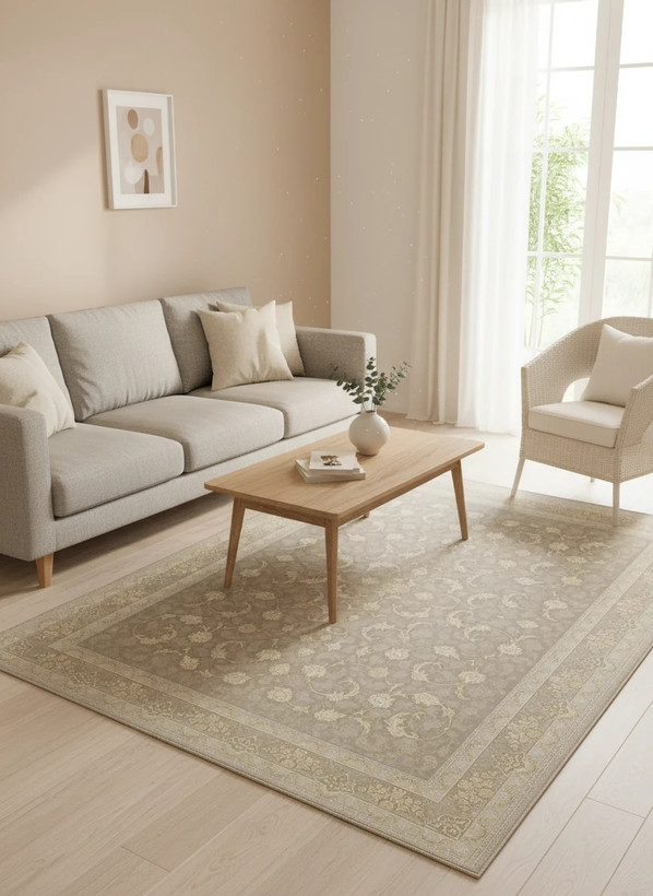 فرش افشان صدف کاشان رنگ نقرهای و بژ، 1200 شانه با نخ آلمانی هیت ست و بافت بلژیکی