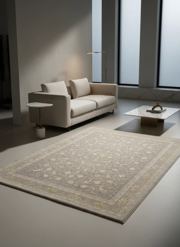 فرش افشان صدف کاشان رنگ نقرهای و بژ، 1200 شانه با نخ آلمانی هیت ست و بافت بلژیکی