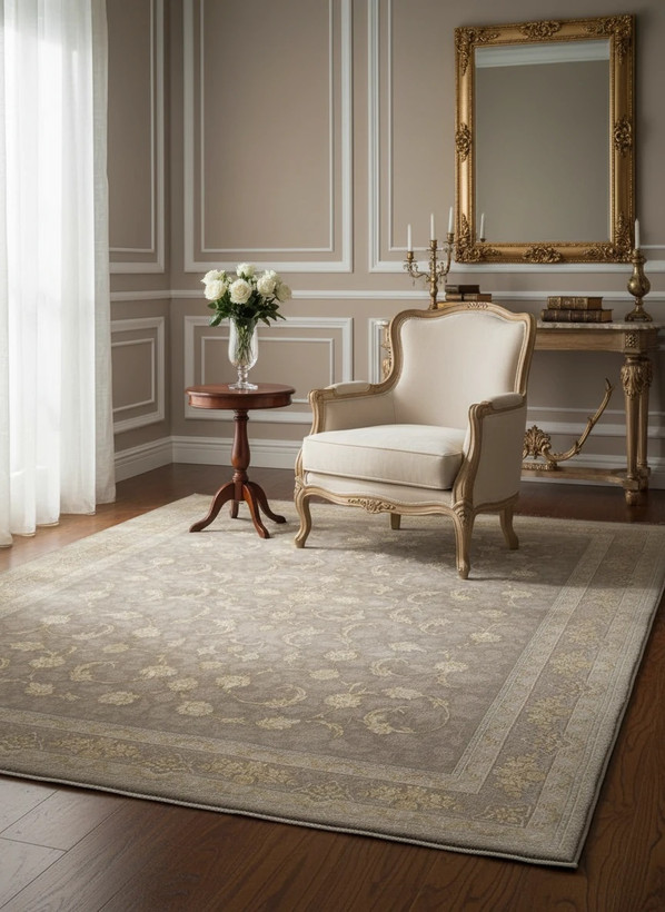 فرش افشان صدف کاشان رنگ نقرهای و بژ، 1200 شانه با نخ آلمانی هیت ست و بافت بلژیکی