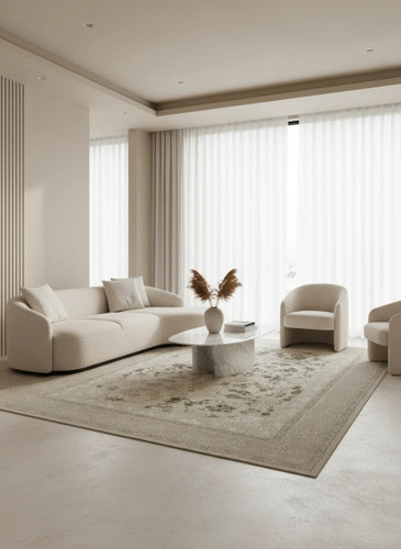 فرش افشان نورا کاشان رنگ نقرهای و بژ، 1200 شانه با نخ آلمانی هیت ست و بافت بلژیکی