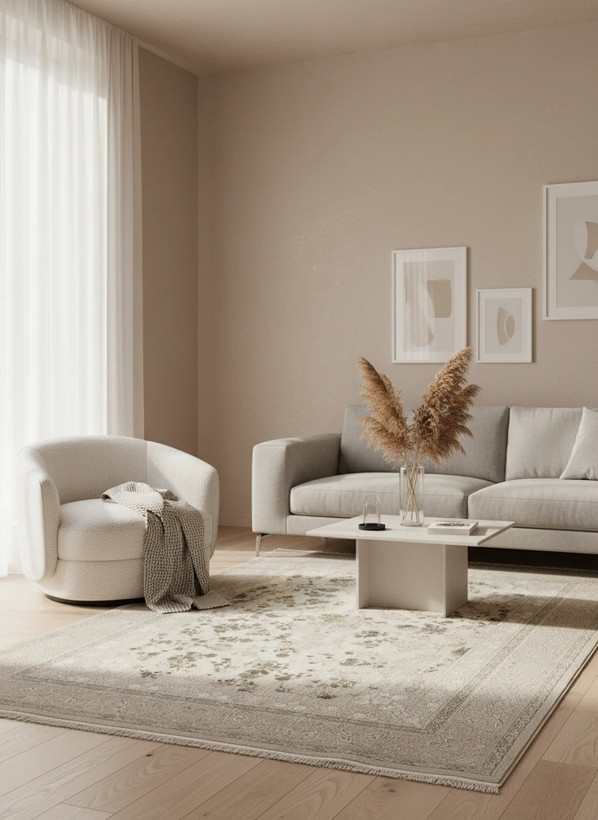 فرش افشان نورا کاشان رنگ نقرهای و بژ، 1200 شانه با نخ آلمانی هیت ست و بافت بلژیکی