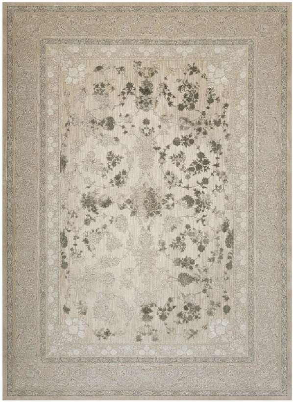 فرش افشان نورا کاشان رنگ نقرهای و بژ، 1200 شانه با نخ آلمانی هیت ست و بافت بلژیکی