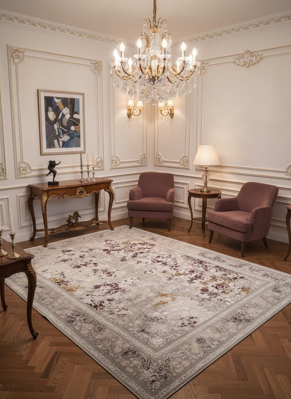 فرش افشان ورسالیس کاشان رنگ نقرهای و بژ، 1200 شانه با نخ آلمانی هیت ست و بافت بلژیکی