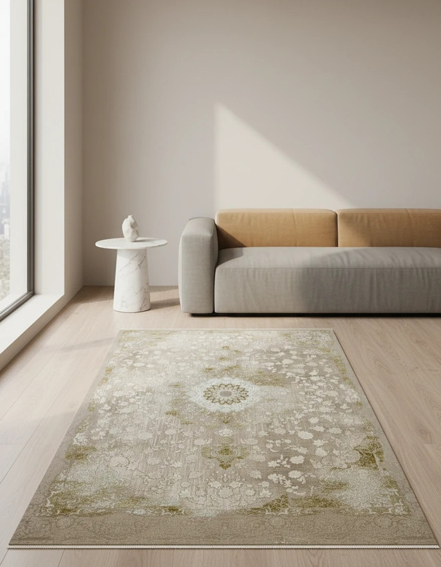 فرش آرشام کاشان رنگ نقرهای و بژ، 1200 شانه با نخ آلمانی هیت ست و بافت بلژیکی