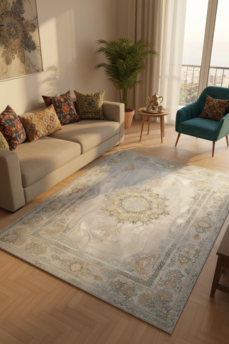 فرش برسین کاشان رنگ نقرهای و بژ، 1200 شانه با نخ آلمانی هیت ست و بافت بلژیکی