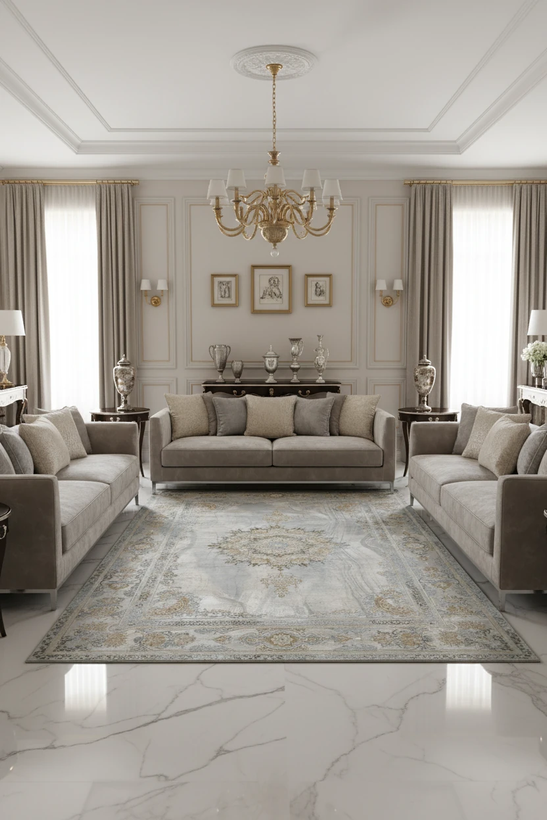 فرش برسین کاشان رنگ نقرهای و بژ، 1200 شانه با نخ آلمانی هیت ست و بافت بلژیکی