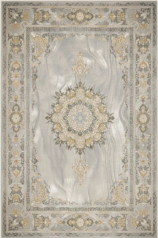 فرش برسین کاشان رنگ نقرهای و بژ، 1200 شانه با نخ آلمانی هیت ست و بافت بلژیکی