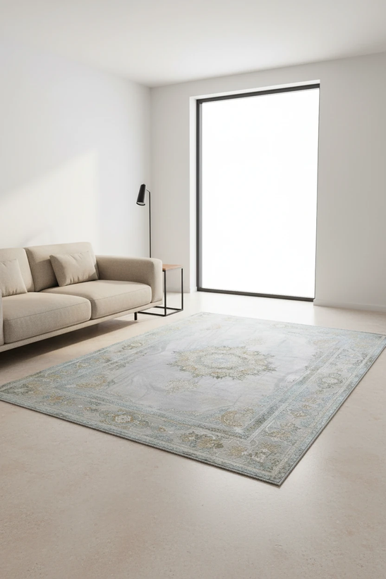 فرش برسین کاشان رنگ نقرهای و بژ، 1200 شانه با نخ آلمانی هیت ست و بافت بلژیکی