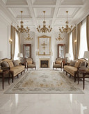 فرش خرنج کاشان رنگ نقرهای و بژ، 1200 شانه با نخ آلمانی هیت ست و بافت بلژیکی