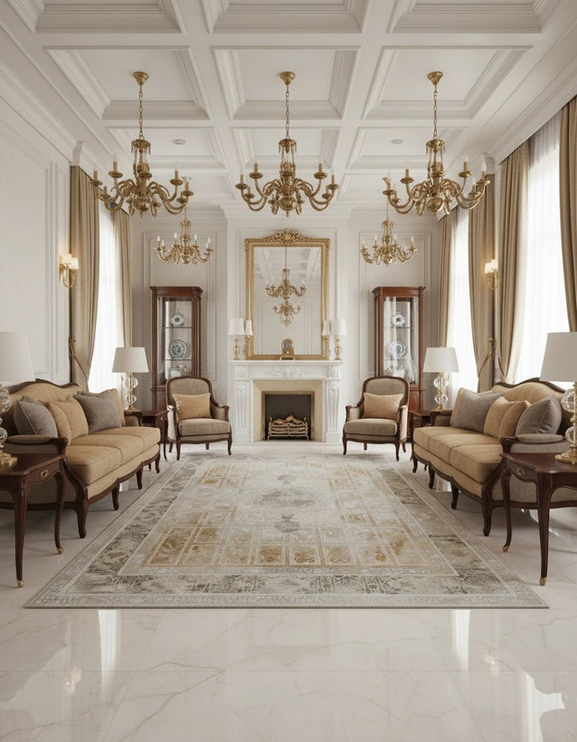 فرش خرنج کاشان رنگ نقرهای و بژ، 1200 شانه با نخ آلمانی هیت ست و بافت بلژیکی