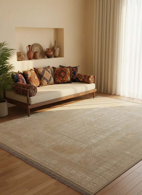 فرش خشنی هاکان کاشان رنگ نقرهای و بژ، 1200 شانه با نخ آلمانی هیت ست و بافت بلژیکی