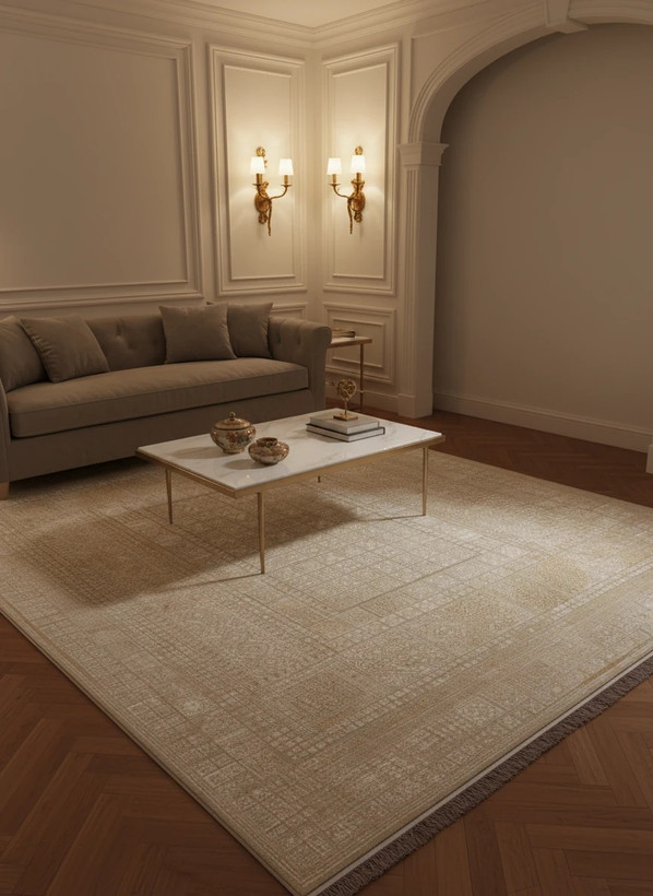 فرش خشنی هاکان کاشان رنگ نقرهای و بژ، 1200 شانه با نخ آلمانی هیت ست و بافت بلژیکی