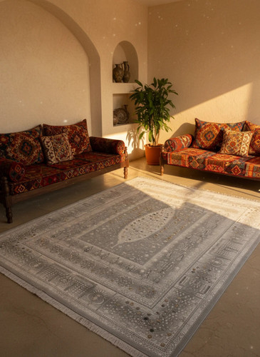 فرش درخت زندگی کاشان رنگ نقرهای و بژ، 1200 شانه با نخ آلمانی هیت ست و بافت بلژیکی