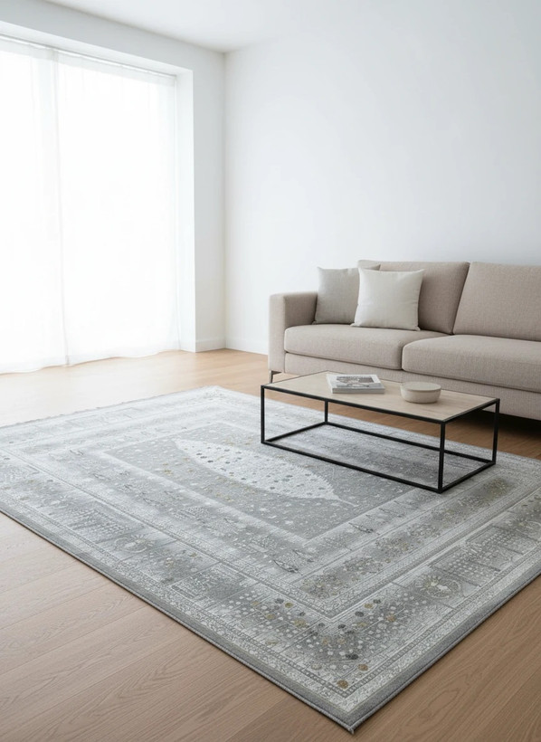 فرش درخت زندگی کاشان رنگ نقرهای و بژ، 1200 شانه با نخ آلمانی هیت ست و بافت بلژیکی