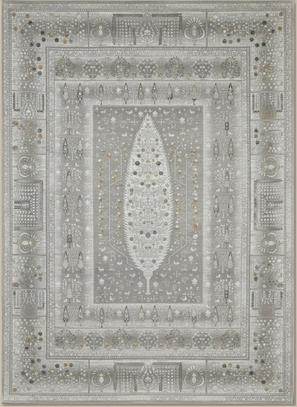 فرش درخت زندگی کاشان رنگ نقرهای و بژ، 1200 شانه با نخ آلمانی هیت ست و بافت بلژیکی