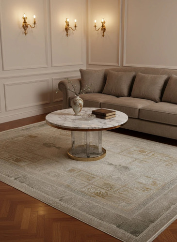 فرش دلبرک کاشان رنگ نقرهای و بژ، 1200 شانه با نخ آلمانی هیت ست و بافت بلژیکی