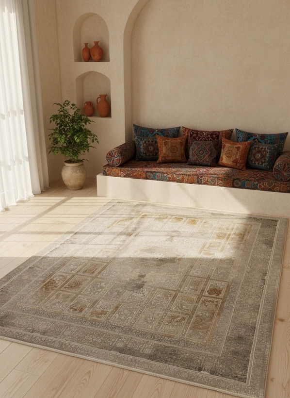 فرش دلبرک کاشان رنگ نقرهای و بژ، 1200 شانه با نخ آلمانی هیت ست و بافت بلژیکی