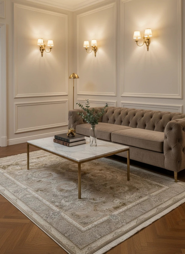 فرش دلکام کاشان رنگ نقرهای و بژ، 1200 شانه با نخ آلمانی هیت ست و بافت بلژیکی