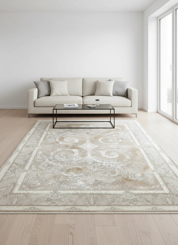 فرش دلکام کاشان رنگ نقرهای و بژ، 1200 شانه با نخ آلمانی هیت ست و بافت بلژیکی