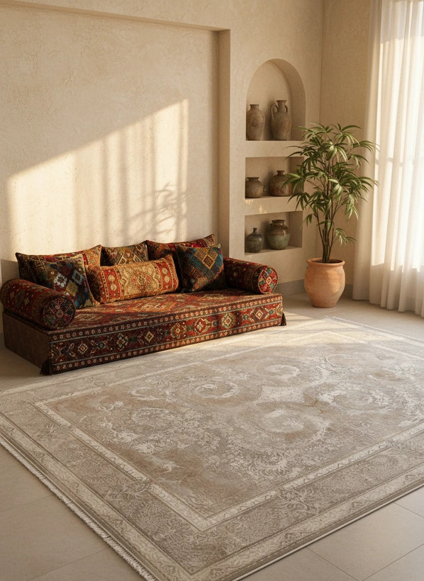 فرش دلکام کاشان رنگ نقرهای و بژ، 1200 شانه با نخ آلمانی هیت ست و بافت بلژیکی