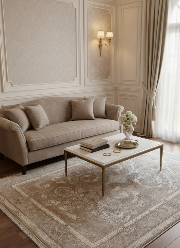 فرش دلکام کاشان رنگ نقرهای و بژ، 1200 شانه با نخ آلمانی هیت ست و بافت بلژیکی