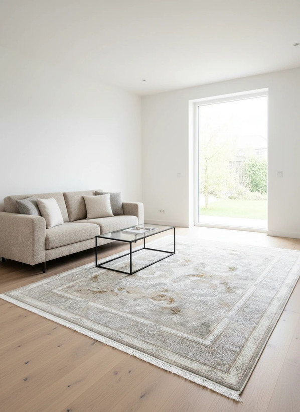 فرش دلکام کاشان رنگ نقرهای و بژ، 1200 شانه با نخ آلمانی هیت ست و بافت بلژیکی