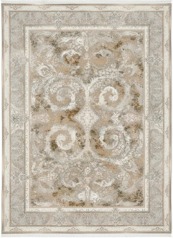 فرش دلکام کاشان رنگ نقرهای و بژ، 1200 شانه با نخ آلمانی هیت ست و بافت بلژیکی