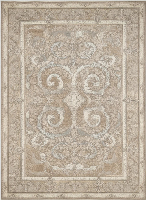 فرش دلکام کاشان رنگ نقرهای و بژ، 1200 شانه با نخ آلمانی هیت ست و بافت بلژیکی