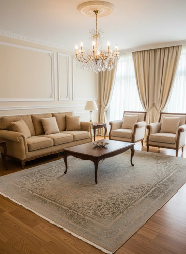 فرش رونیکا کاشان رنگ نقرهای و بژ، 1200 شانه با نخ آلمانی هیت ست و بافت بلژیکی