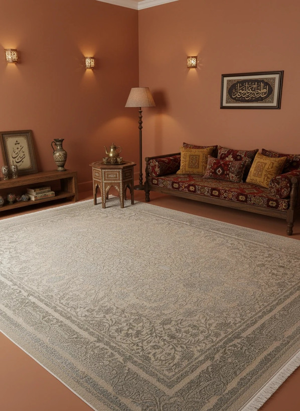 فرش رونیکا کاشان رنگ نقرهای و بژ، 1200 شانه با نخ آلمانی هیت ست و بافت بلژیکی