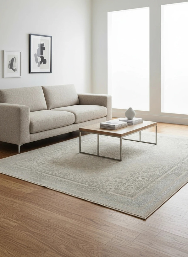 فرش رونیکا کاشان رنگ نقرهای و بژ، 1200 شانه با نخ آلمانی هیت ست و بافت بلژیکی