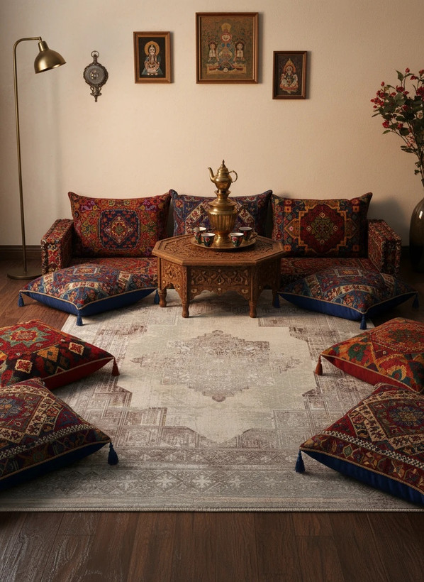 فرش رویای کمال کاشان رنگ نقرهای و بژ، طرح هندسی، 1200 شانه با نخ آلمانی هیت ست و بافت بلژیکی