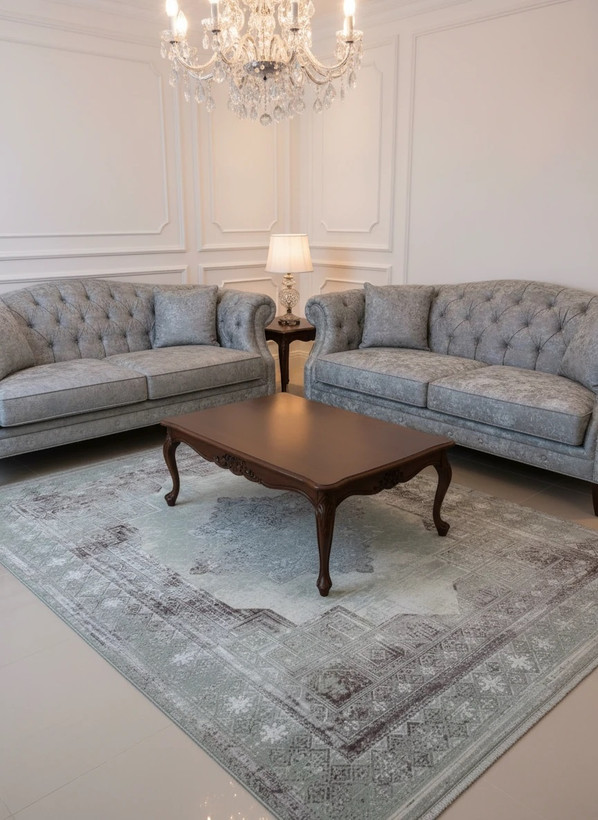 فرش رویای کمال کاشان رنگ نقرهای و بژ، طرح هندسی، 1200 شانه با نخ آلمانی هیت ست و بافت بلژیکی