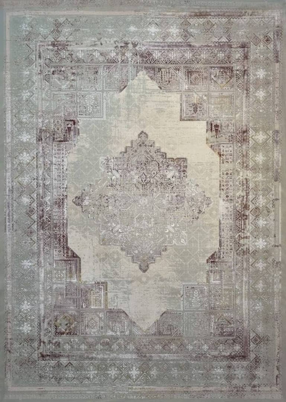 فرش رویای کمال کاشان رنگ نقرهای و بژ، طرح هندسی، 1200 شانه با نخ آلمانی هیت ست و بافت بلژیکی