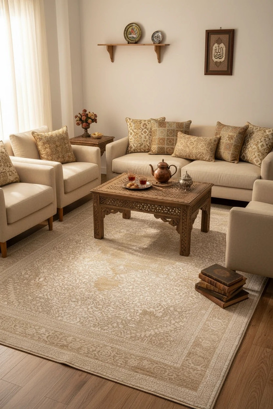 فرش سیزان کاشان رنگ نقرهای و بژ، 1200 شانه با نخ آلمانی هیت ست و بافت بلژیکی