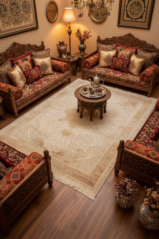 فرش سیزان کاشان رنگ نقرهای و بژ، 1200 شانه با نخ آلمانی هیت ست و بافت بلژیکی