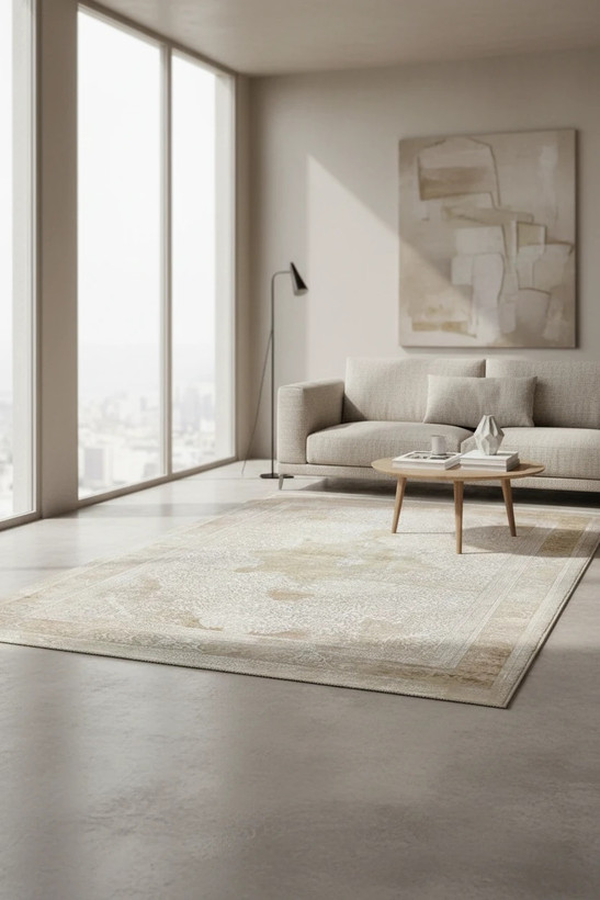 فرش سیزان کاشان رنگ نقرهای و بژ، 1200 شانه با نخ آلمانی هیت ست و بافت بلژیکی