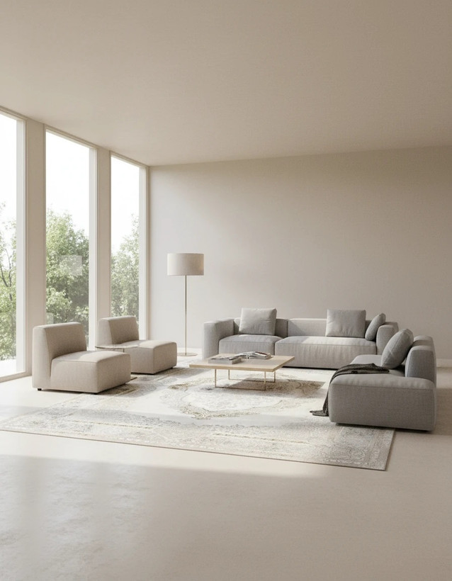 فرش کابان کاشان رنگ نقرهای و بژ، 1200 شانه با نخ آلمانی هیت ست و بافت بلژیکی