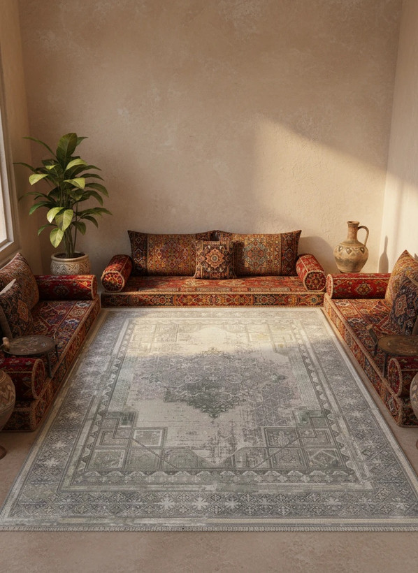 فرش رویای کمال کاشان رنگ نقرهای و بژ، طرح هندسی، 1200 شانه با نخ آلمانی هیت ست و بافت بلژیکی