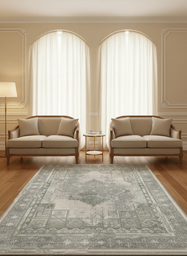 فرش رویای کمال کاشان رنگ نقرهای و بژ، طرح هندسی، 1200 شانه با نخ آلمانی هیت ست و بافت بلژیکی