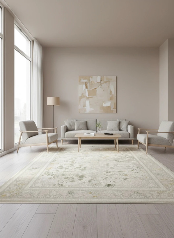 فرش کالین کاشان رنگ نقرهای و بژ، 1200 شانه با نخ آلمانی هیت ست و بافت بلژیکی