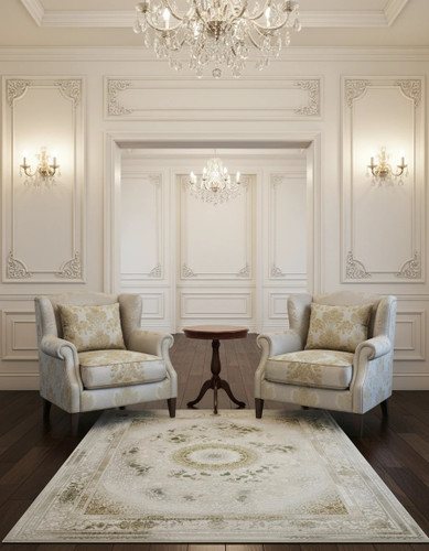 فرش نائین کاشان رنگ نقرهای و بژ، 1200 شانه با نخ آلمانی هیت ست و بافت بلژیکی