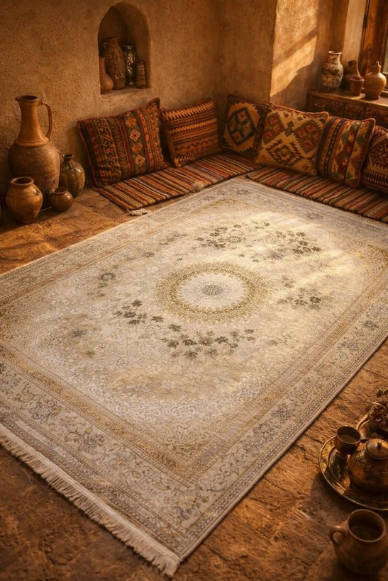 فرش نائین کاشان رنگ نقرهای و بژ، 1200 شانه با نخ آلمانی هیت ست و بافت بلژیکی