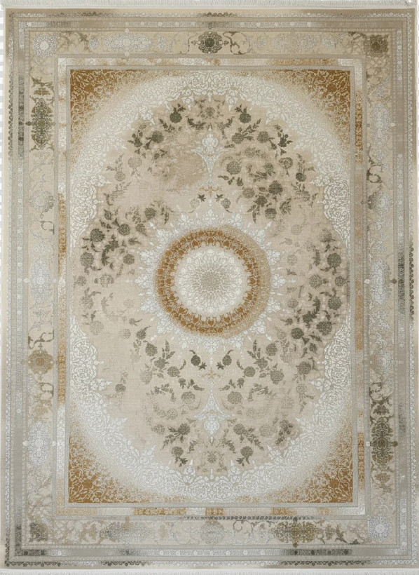 فرش نائین کاشان رنگ نقرهای و بژ، 1200 شانه با نخ آلمانی هیت ست و بافت بلژیکی