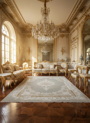 فرش یاقوت کاشان رنگ نقرهای و بژ، 1200 شانه با نخ آلمانی هیت ست و بافت بلژیکی