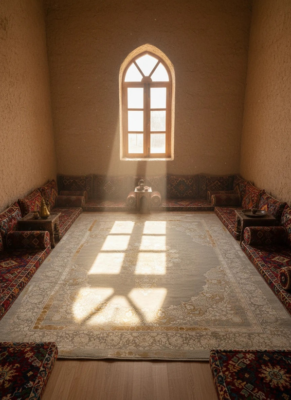 فرش یاقوت کاشان رنگ نقرهای و بژ، 1200 شانه با نخ آلمانی هیت ست و بافت بلژیکی